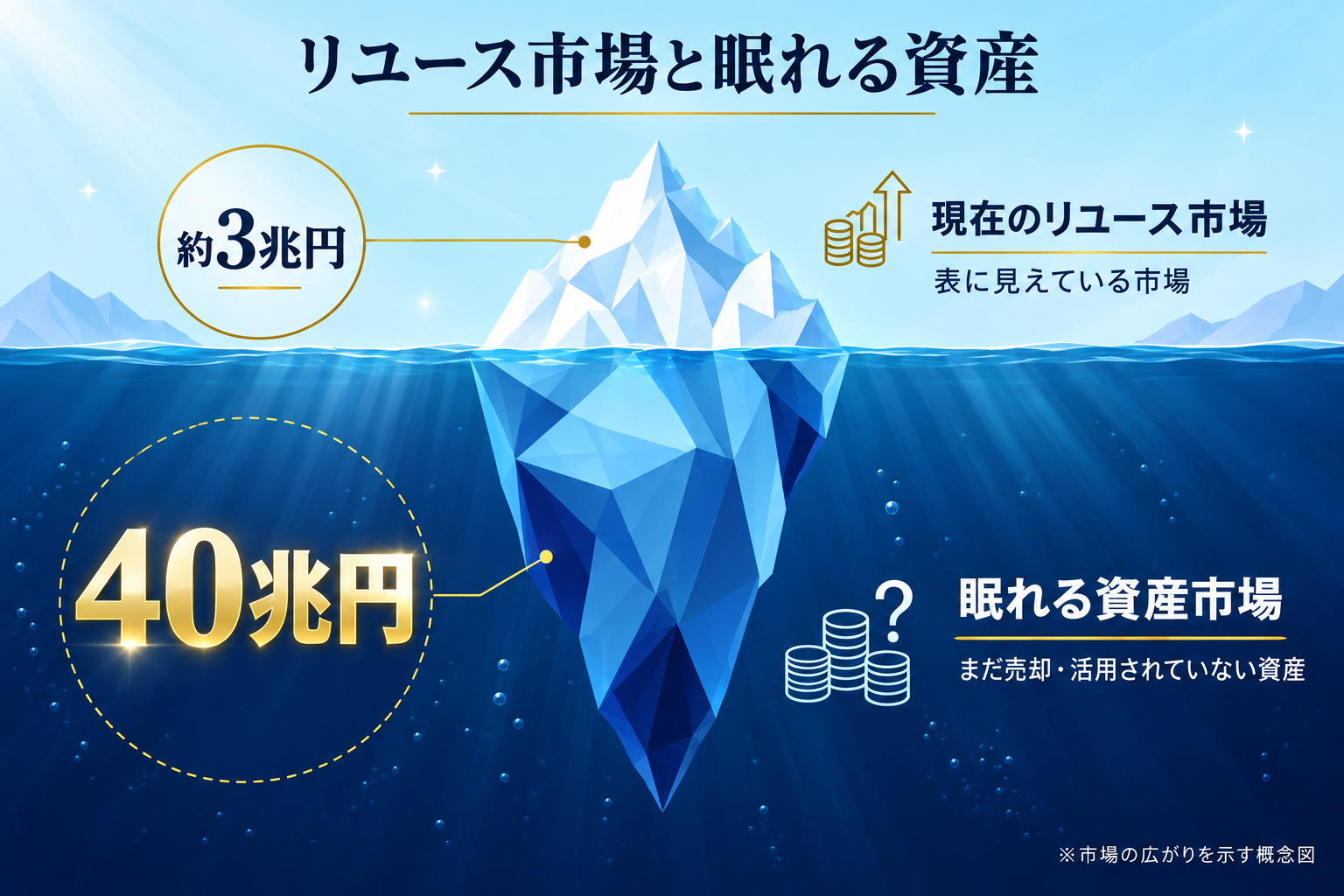 リユース市場機会の氷山。水面上に現在のリユース市場3兆円、水面下に未活用の埋蔵資産市場40兆円を示した図。